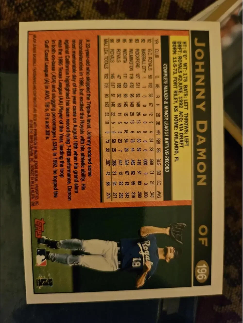 Johnny Damon - 1997 Topps #196 - Royals - RAW mint - Picture 2 of 2